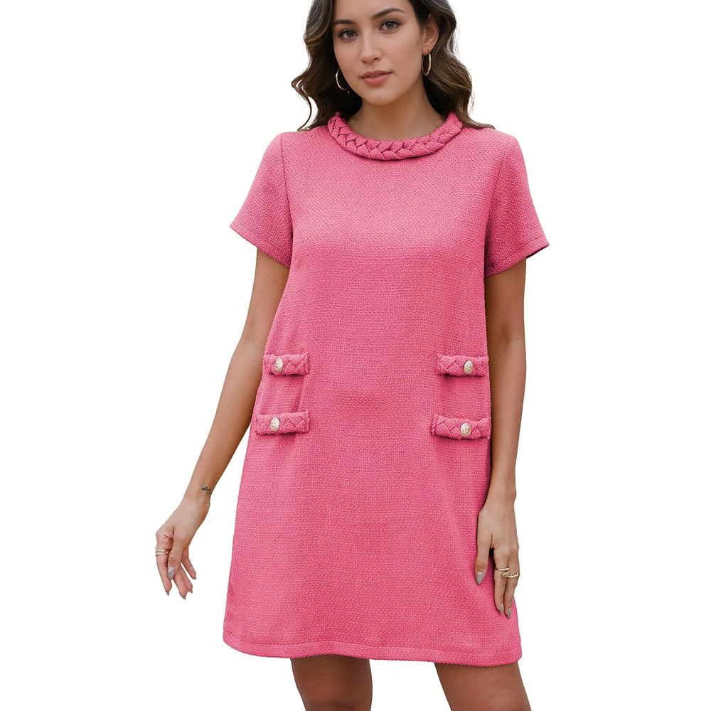 Womens Tweed Jackie Dress Elegant Crew Neck Short Sleeve Button Bodycon Mini Dress | Amazon (US)