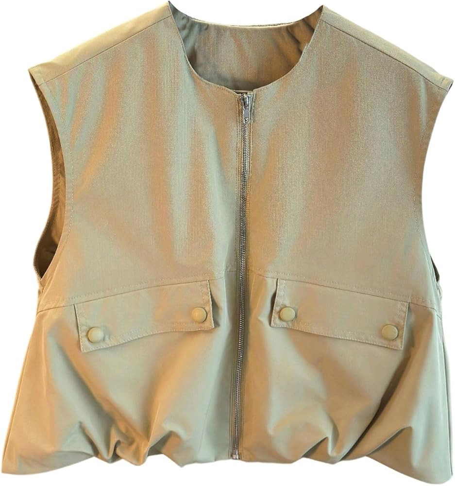 Verdusa Women's Zip Up Cargo Cropped Vest Bubble Hem Tops Sleeveless Lightweight Windbreaker Jack... | Amazon (US)