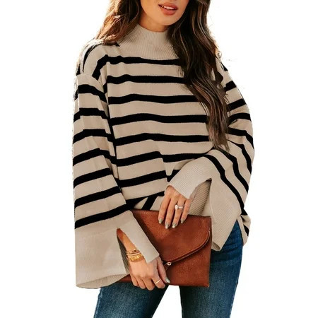 DOKOTOO Pullover Sweaters for Women Casual Loose Long Sleeve Mock Neck Ribbed Jumper Sweaters Chunky Knit Baggy Fall Striped Sweater Top Size Large US12-14 | Walmart (US)