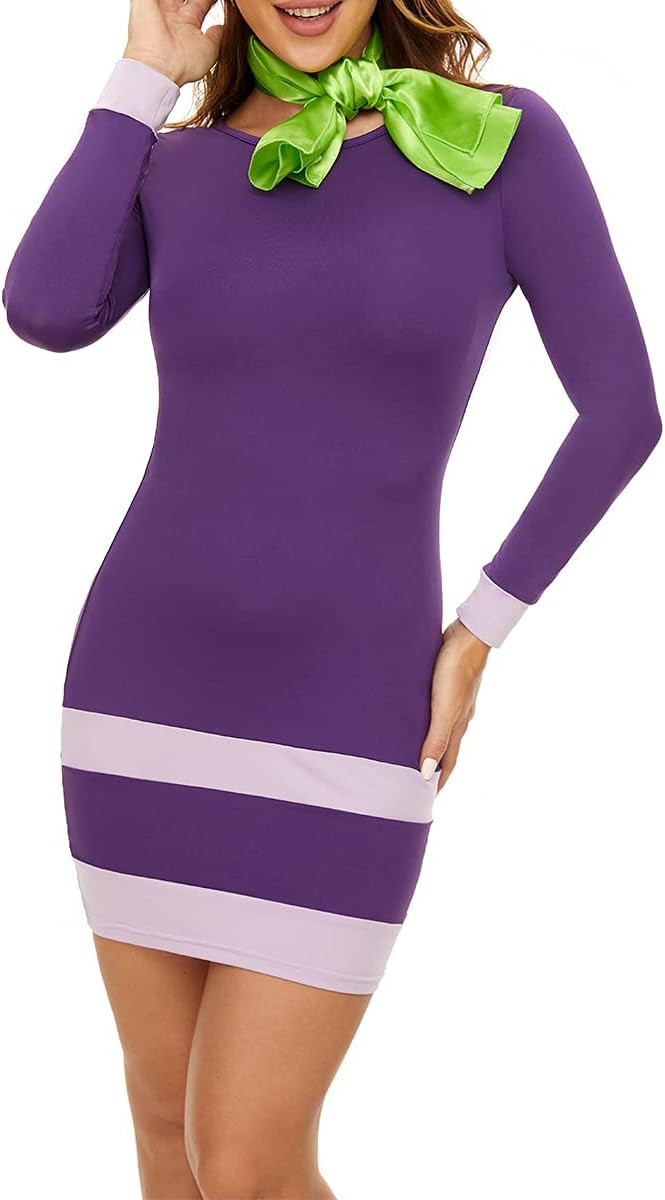 Halloween Costume Dresses Long Sleeve Bodycon Purple Daphne Mini Dress With Scarf L | Amazon (US)
