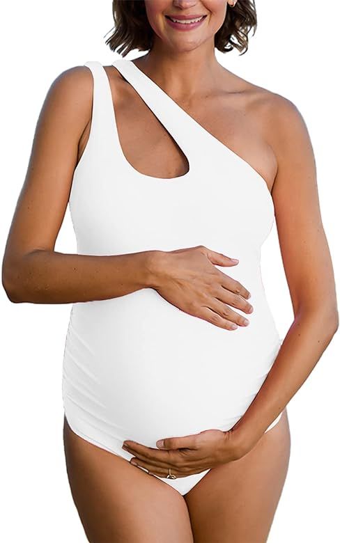 Summer Mae Maternity One Piece Swimsuit Cutout Pregnancy Bathing Suit One Shoulder Monokini | Amazon (US)