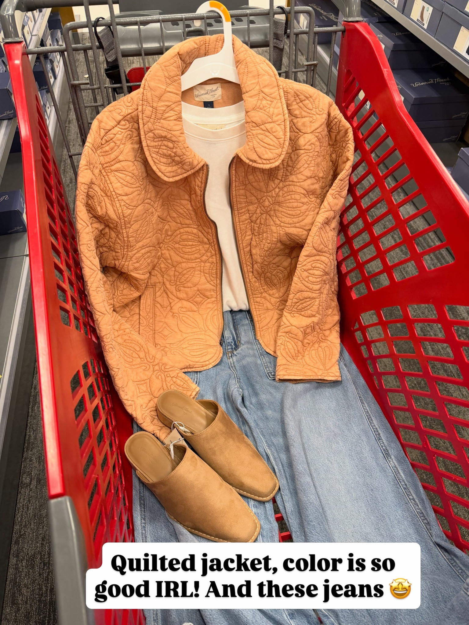 Target quilted jacket, this one’s really nice! Fits tts. I’d get the medium so I could layer over sweaters. #targetstyle