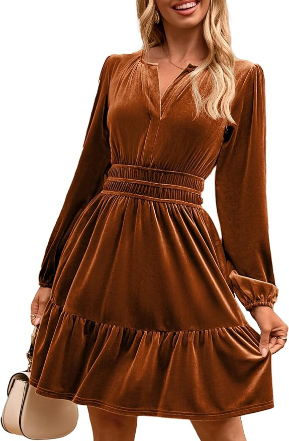 Simplee Womens Velvet Dress 2025 Fall Cocktail Long Sleeve Empire V Neck Wedding Guest Holiday Mi... | Amazon (US)
