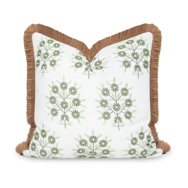 Coastal Indoor Outdoor Throw Pillow Cover, Embroidered Floral with Fringe, Green, 20"x20" | Hofdeco
