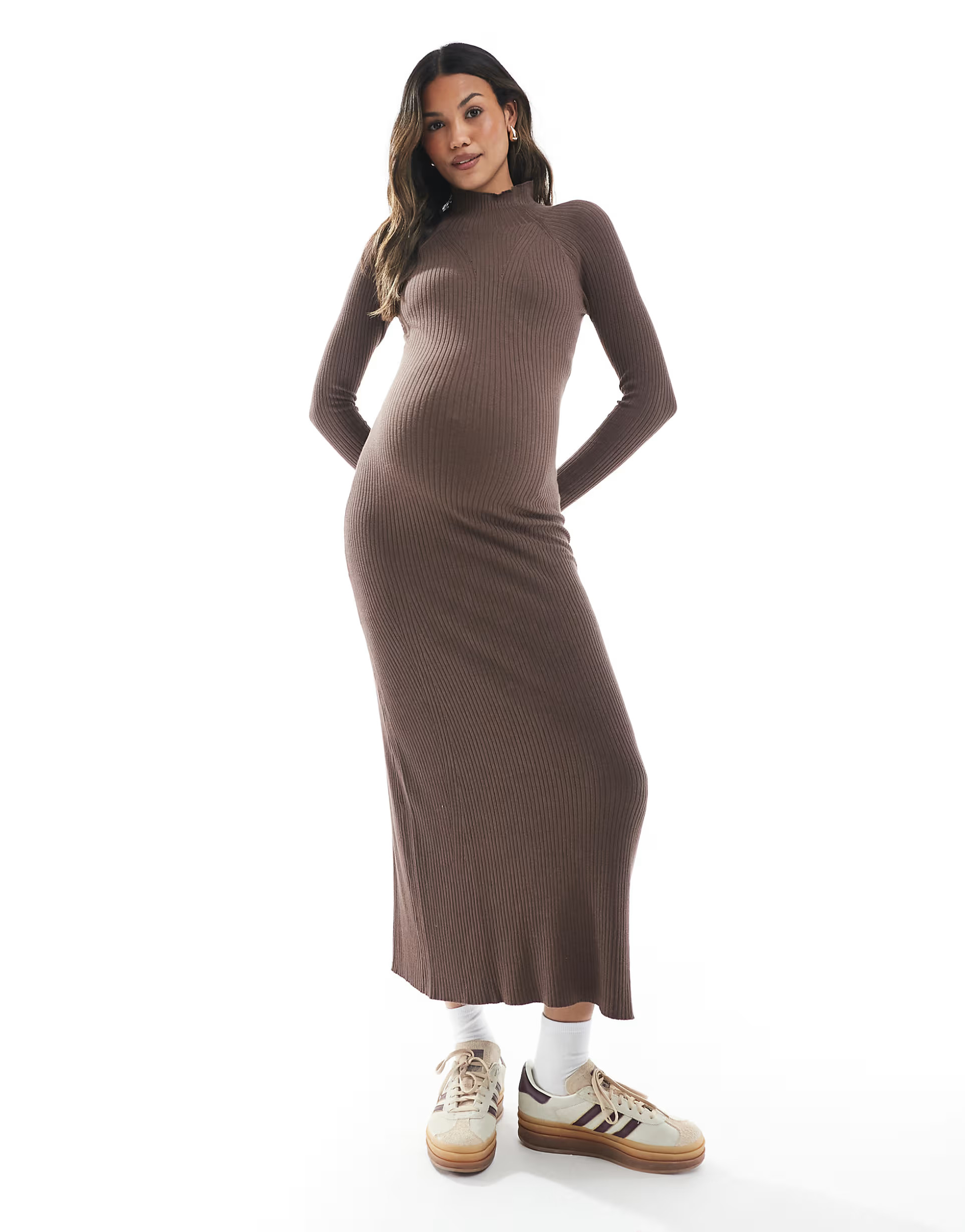 ASOS DESIGN Maternity fine-gauge knit maxi dress with ribbed details in mocha | ASOS (Global)