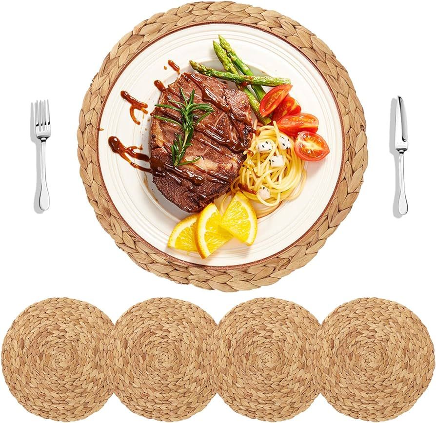 HomeDo 4Pack Large Round Woven Placemats for Dining Table, Water Hyacinth Straw Braided Placemat,... | Amazon (US)