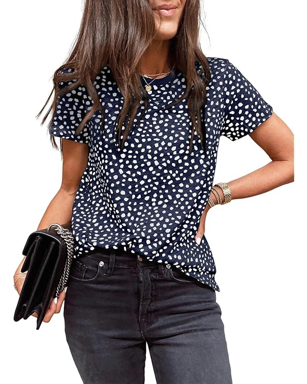 EVALESS Womens Casual Polka Dot Tops Crewneck Short Sleeve T Shirts Fashion 2024 Spring Summer Lo... | Amazon (US)