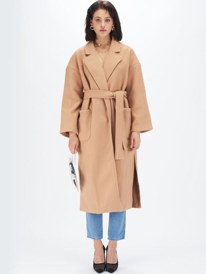 SHEIN Notched Collar Split Hem Belted Coat | SHEIN