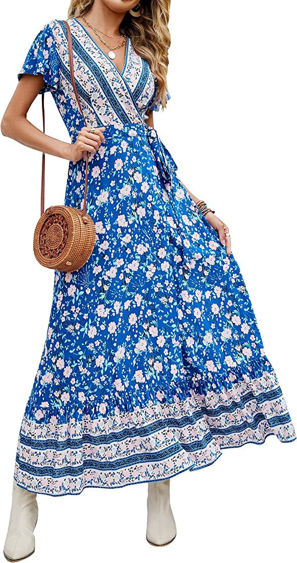 ZESICA Women's 2023 Bohemian Floral Printed Wrap V Neck Short Sleeve Split Beach Party Maxi Dress | Amazon (US)