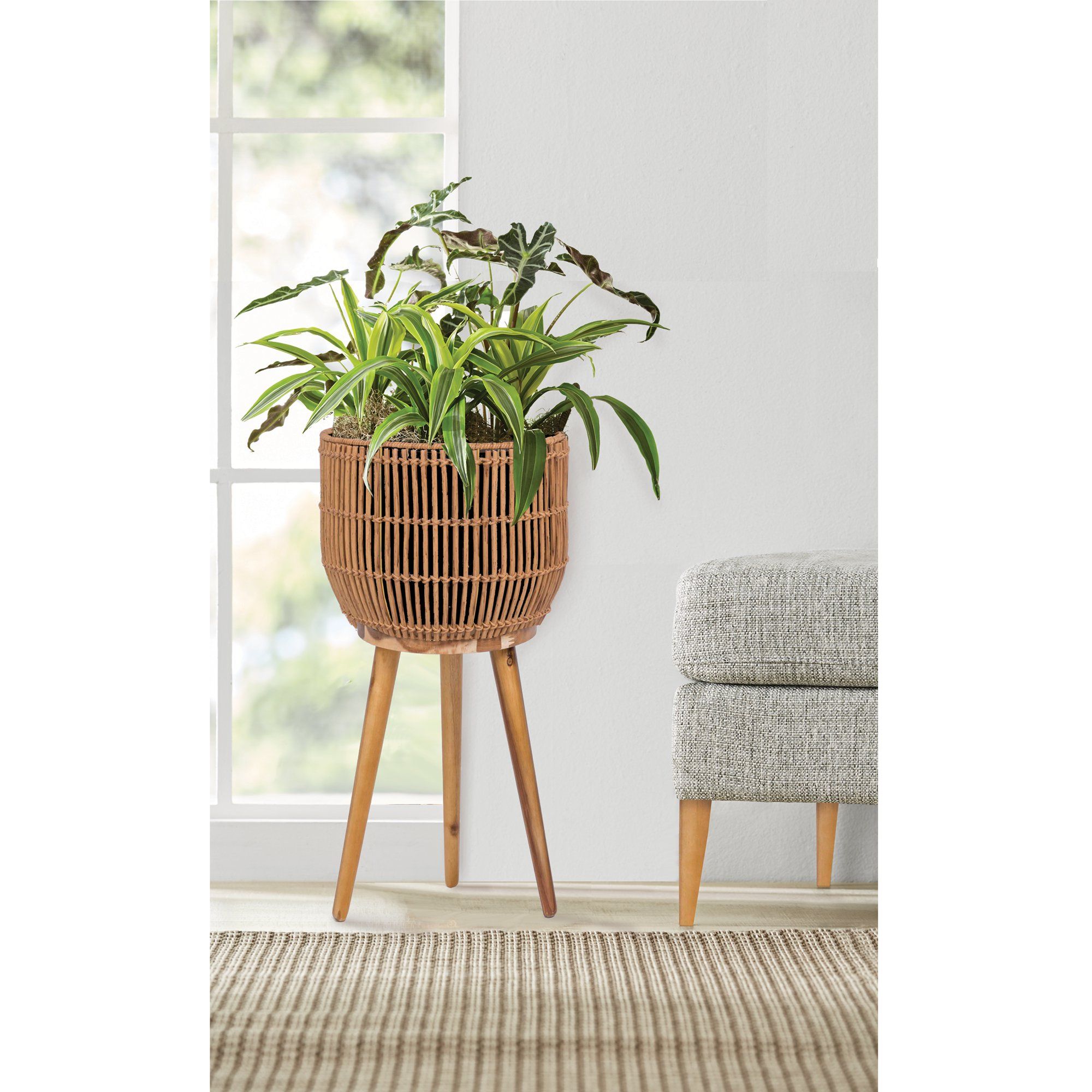 Better Homes & Gardens 13 IN Natural Resin Rattan Planter with Wood Legs | Walmart (US)
