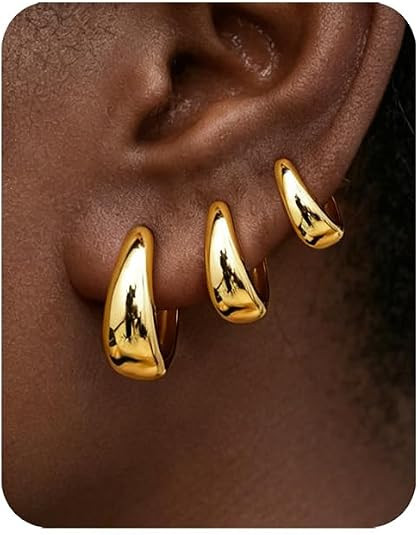 3Pairs Gold Hoop Earrings Set for Women Trendy Chunky Huggie Dainty Earring Jewelry for Women Tee... | Amazon (US)