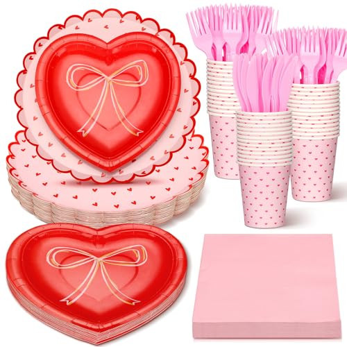 Zhehao 144 Pcs Valentine's Day Party Supplies Set for 24 Red Heart Love Disposable Paper Plates Napkins Cups for Valentine Party Decorations Wedding, Gatherings Engagements, Anniversary, Birthday | Amazon (US)