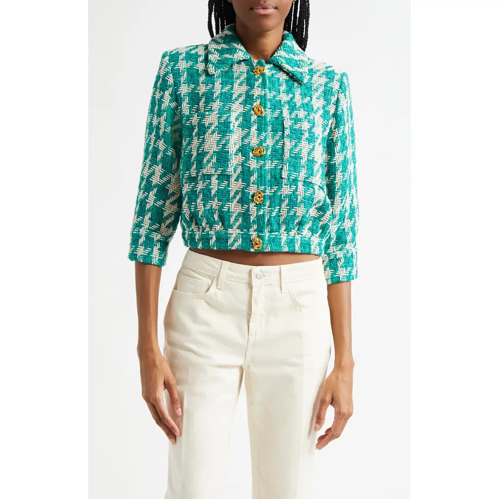 L'AGENCE Jia Houndstooth Tweed Crop Jacket in White/Teal Houndstooth at Nordstrom Rack, Size 12 | Nordstrom Rack