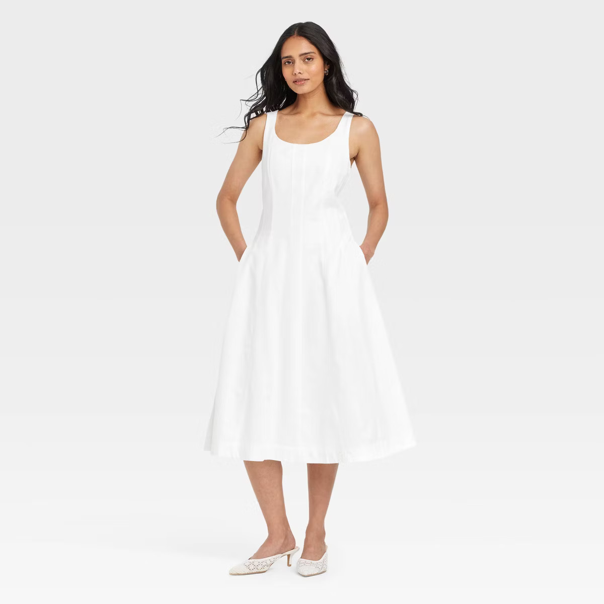 Women's Corset Midi A-Line Dress - A New Day™ White 6: Cotton Rayon Blend, Side Zipper, Pockets... | Target
