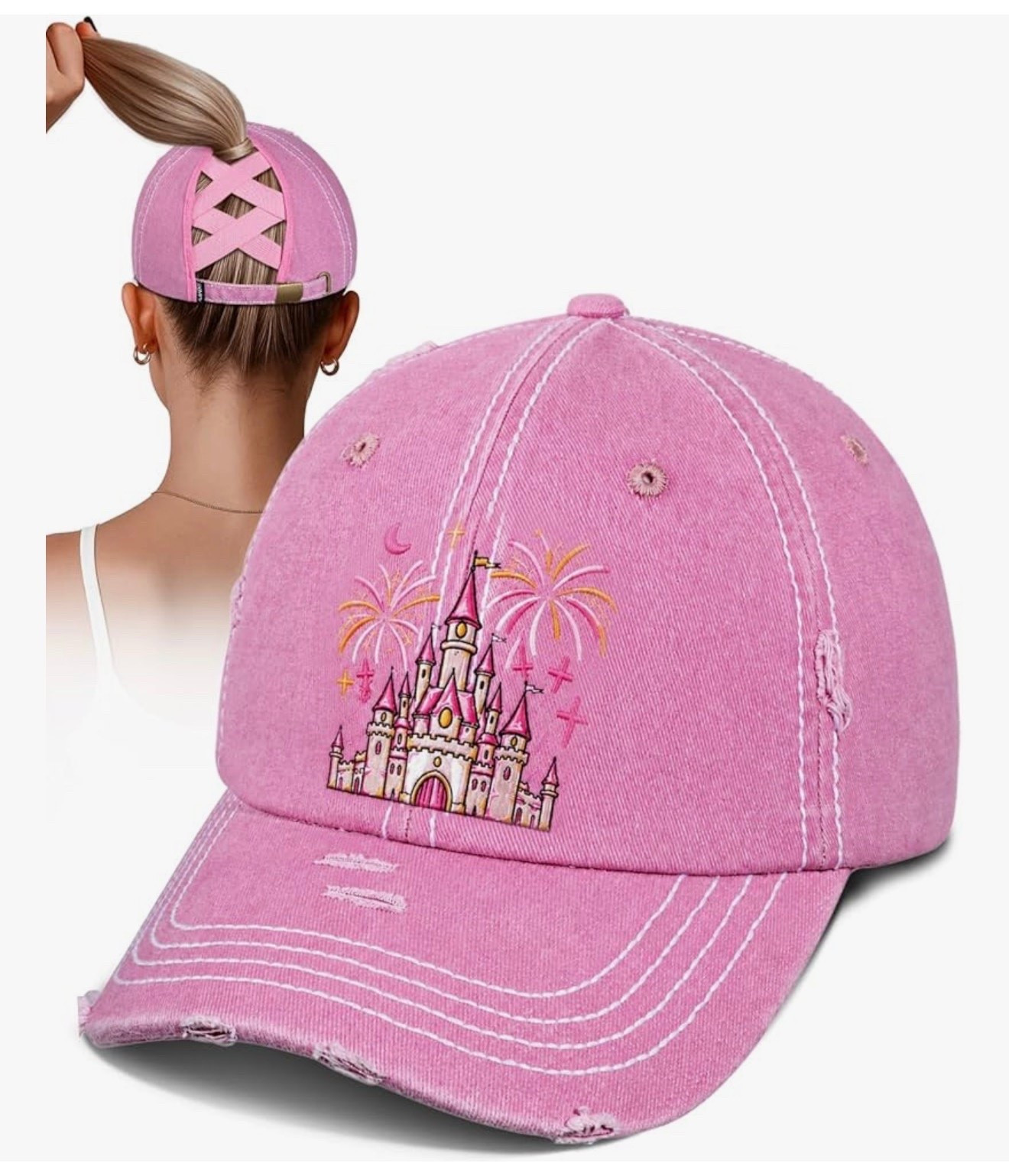 ✨ Pink Castle Ponytail Hat for Disney Days ✨

The cutest finishing touch for your next Disney adventure! 💕 This vintage-inspired pink ponytail baseball cap features an adorable embroidered castle with fireworks, a trendy distressed look, and a crisscross back that’s perfect for high ponytails or messy buns. Comfortable, lightweight, and adjustable, it’s a fun way to stay shaded while strolling the parks or adding a little magic to your everyday outfits. ✨🏰🎀

Perfect for Disney vacations, park days, matching family trips, magical outfits, theme park accessories, castle lovers, pink baseball cap, ponytail hat, high ponytail cap, Disney-inspired fashion, vacation essentials, and cute casual style. ✨🌸🎡

#LTKTravel #LTKSeasonal #LTKmomlife