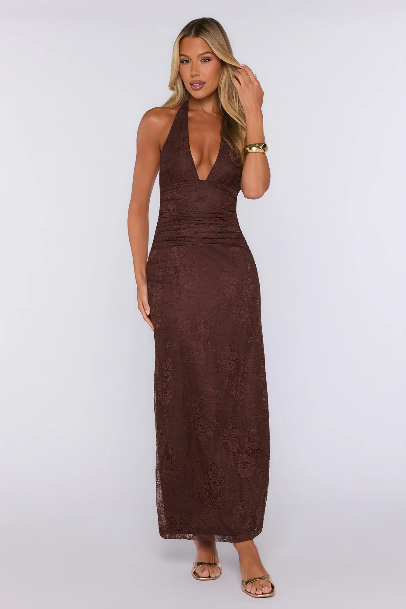 Consider It Done Lace Halter Maxi Dress Brown | Hello Molly (US)