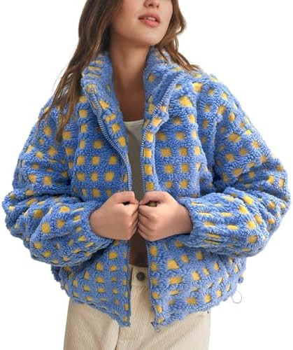 Womens Checkered Sherpa Jacket Cropped Long Sleeve Plaid Fleece Coats Casual Zip Up Gingham Outwe... | Amazon (US)