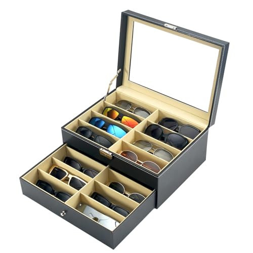 NEWLOOP Sunglasses Organizer Display Case - Sunglass Organizer for Women Men See-through Display Case Multiple Pairs Glasses Holder Stand 2-layer Eyeglass Jewelry Watch Collection Box with 16 Slot | Amazon (US)