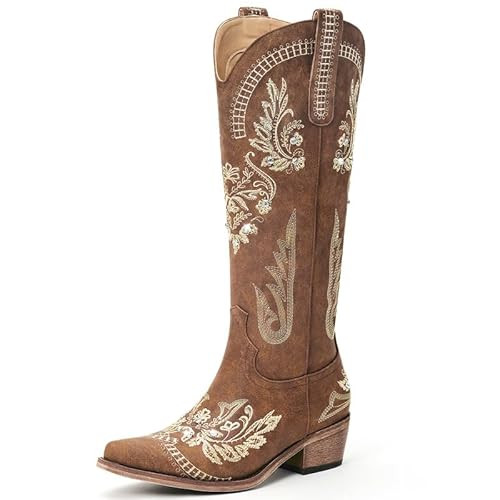 Lumeheel Brown Cowboy Boots for Women - Sparkly Rhinestone Country Booties with Classic Embroidered, Knee High Wide Calf Western Cowgirl Boots, Pointed Toe Chunky Heel Pull on Zipper Tall Boots US 9.5 | Amazon (US)