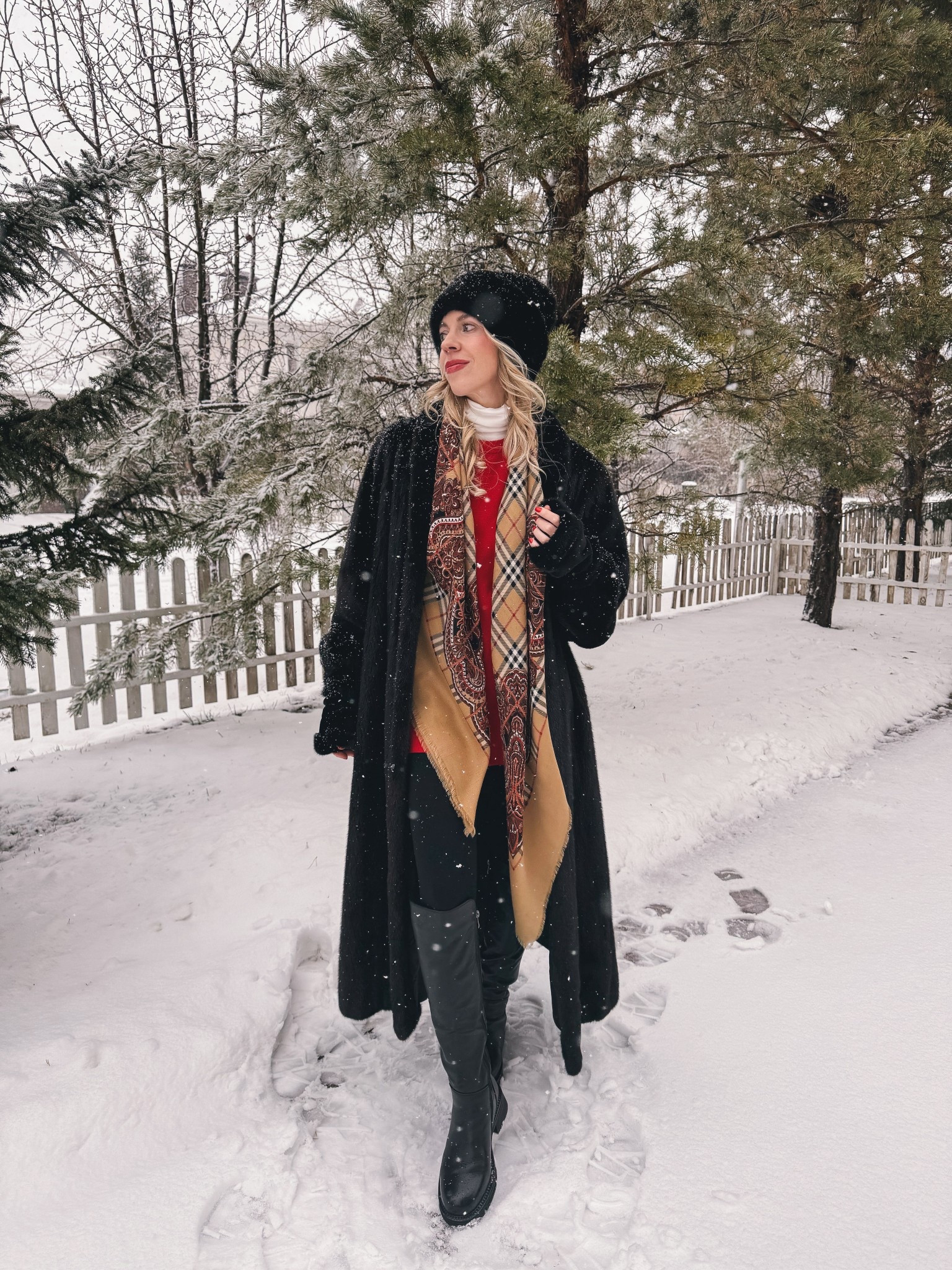 Holiday style, winter fashion, long fur coat, red sweater, vintage Burberry scarf, fur hat, Spanx leggings, lug sole boots 

#LTKFindsUnder100 #LTKShoeCrush #LTKHoliday