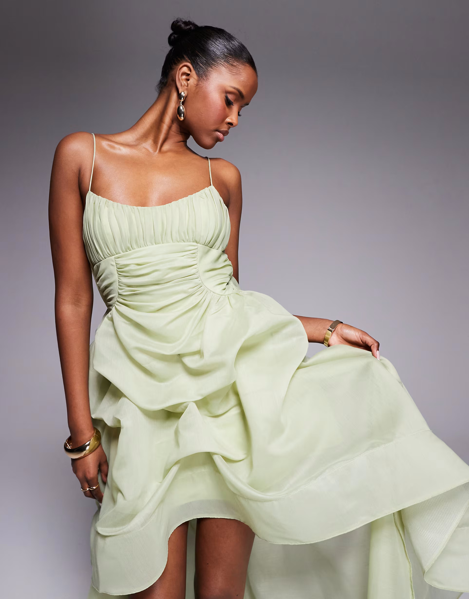 ASOS DESIGN organdie maxi dress with manipulated skirt and high-low hem in sage green | ASOS (Global)