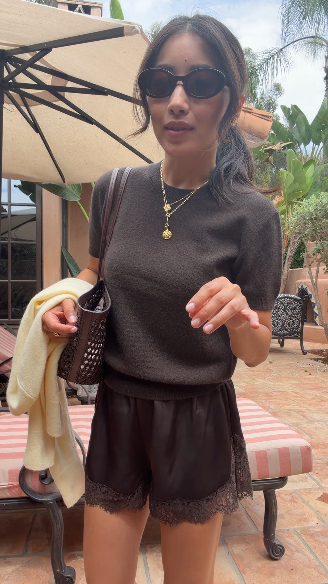 Size info below! 
• Cashmere sweater tee XS, I sized up. Great relaxed Petite friendly fit that isn’t too long.￼
• Satin short XS, I sized up 
• Quince yellow cashmere sweater XS 
• Madewell bag & sunglasses 

Petite friendly, Aritzia monochromatic look, transitional early fall outfit ideas

#LTKPetite #LTKootd #LTKmomlife