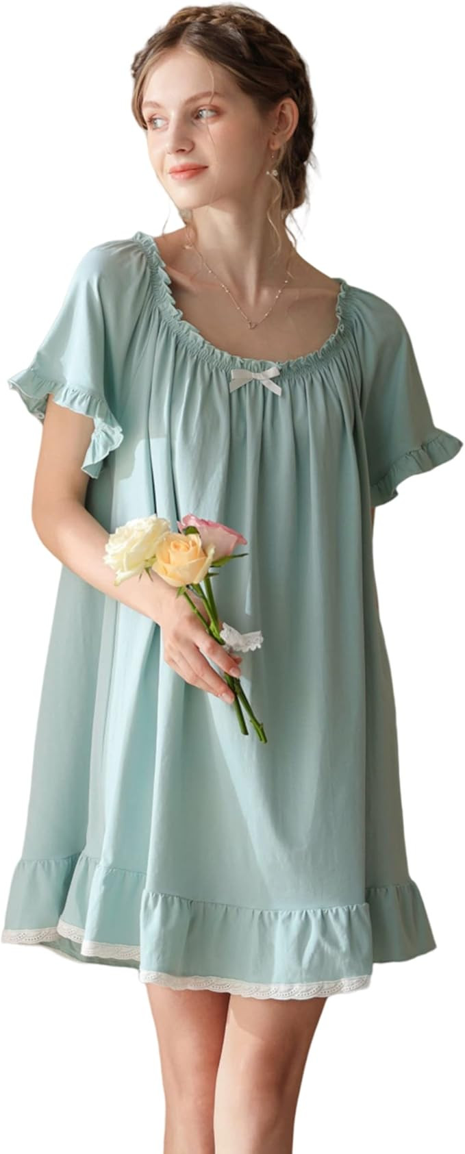 Women's Cotton Nightgowns Vintage Lightweight Gown Sets Short Sleeve Princess Nightdress | Amazon (US)