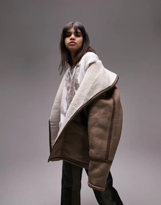Topshop oversized faux shearling car coat in mink | ASOS (Global)