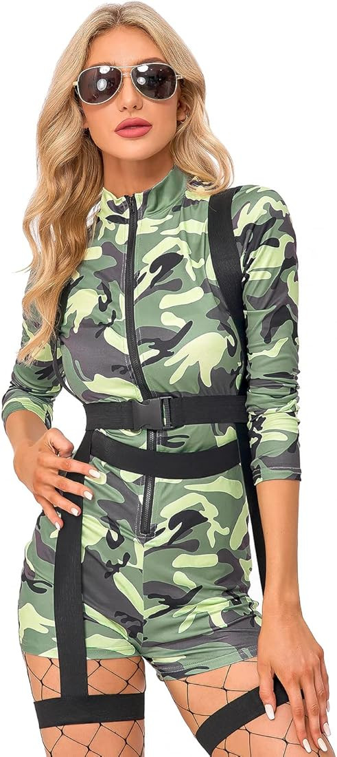 GIKING Halloween Women 2 Piece Paratrooper Army Jumpsuit Military Camouflage Commando Costume | Amazon (US)