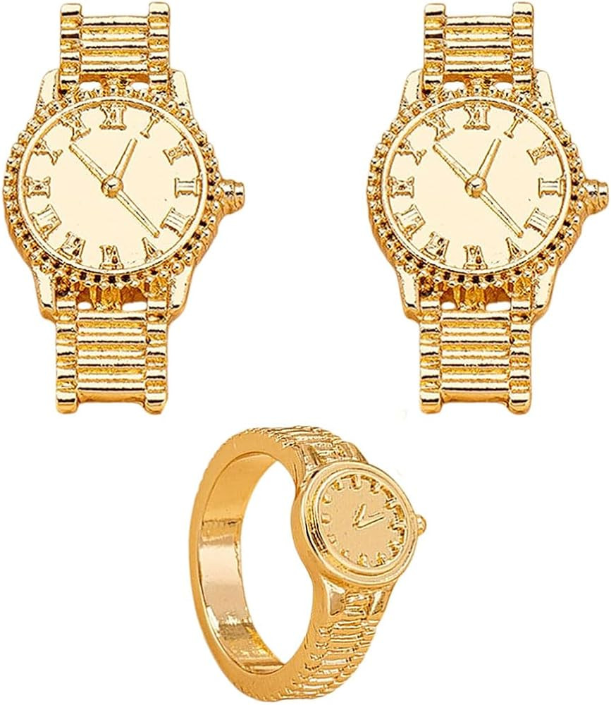 Gold Watch Earrings Ring Set for Women Men Round Dial Watch Finger Ring Retro Gold Watches Earrin... | Amazon (US)