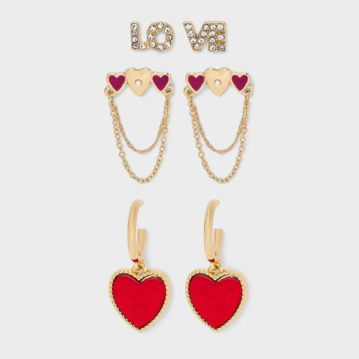 Valentines "LOVE" Stud with Heart Drop Earrings 3pc Set - Gold/Red | Target