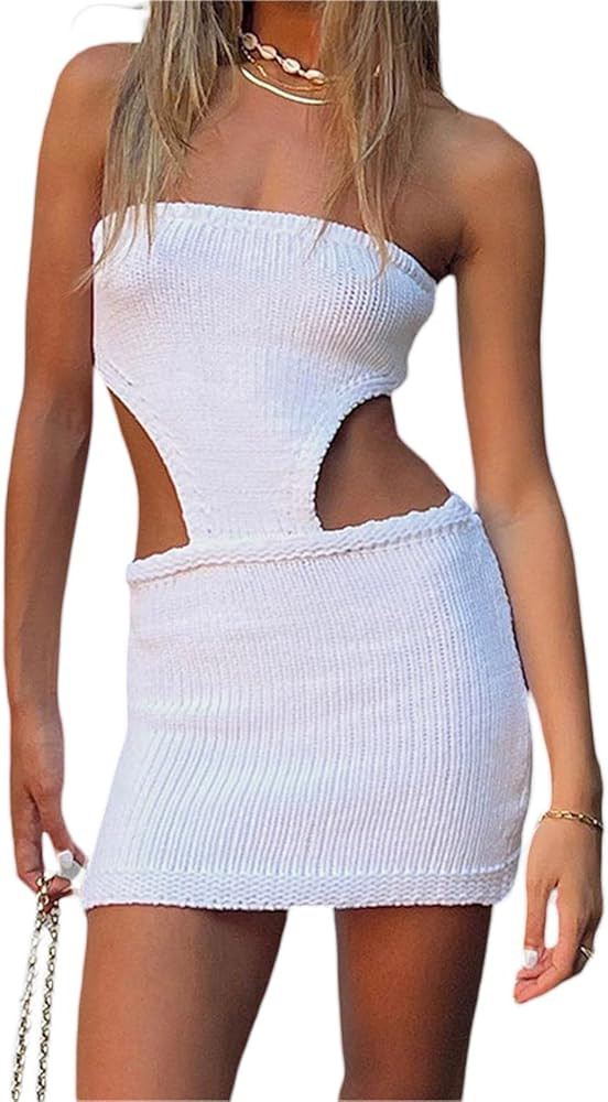 Women Sleeveless Kintted Mini Dress Hollow Out Ribbed Knit Bodycon Short Dress Vintage Aesthetic ... | Amazon (US)