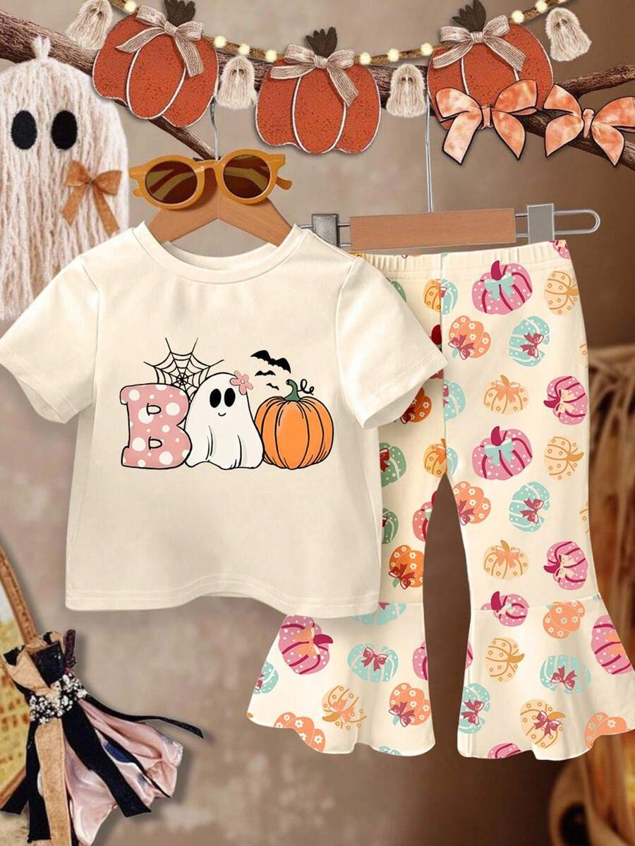 2pcs/Set Young Girl Casual Fashion Cute Funny Cartoon Halloween Ghost Pumpkin Pattern Apricot Sho... | SHEIN