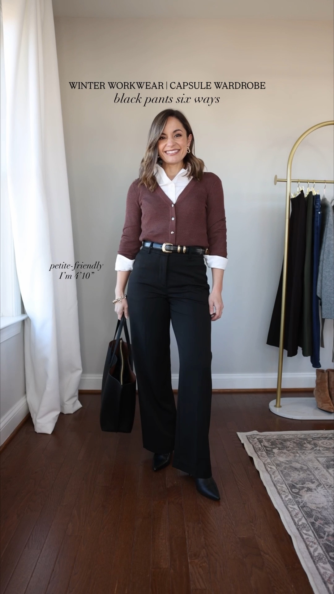 2026 winter workwear capsule series: black pants multiple ways. 

Black pants (Ann Taylor): petite 00 - 10” rise, 28.5” inseam - I wear these in curvy fit. 

7 tops 
Tan V-neck cardigan (Quince): xs in oatmeal 
Green sweater (J.Crew Factory): xxs
Black cardigan (Gap): xxs (recommend a size up) 
Mauve cardigan (Madewell): xxs 
Gray cardigan (Quince): xs 
Taupe cardigan (Quince): xxs in nomad taupe 
White button down (J.Crew Factory): petite xxs 

3 base layers 
Brown top (Amazon): xs 
Black turtleneck (J.Crew Factory): xxs 
White top (Quince): xs 

3 blazers 
Plaid blazer (BR Factory): petite 00 (mostly sold out in petite) 
Tan blazer (J.Crew): petite 00 
Brown blazer (Banana Republic): petite xxs (recommend a size up) 

My measurements for reference: I’m 4’10” and 105lbs. My bust, waist, and hip measurement is 32”, 24”, and 36”.

#LTKPetite #LTKWorkwear