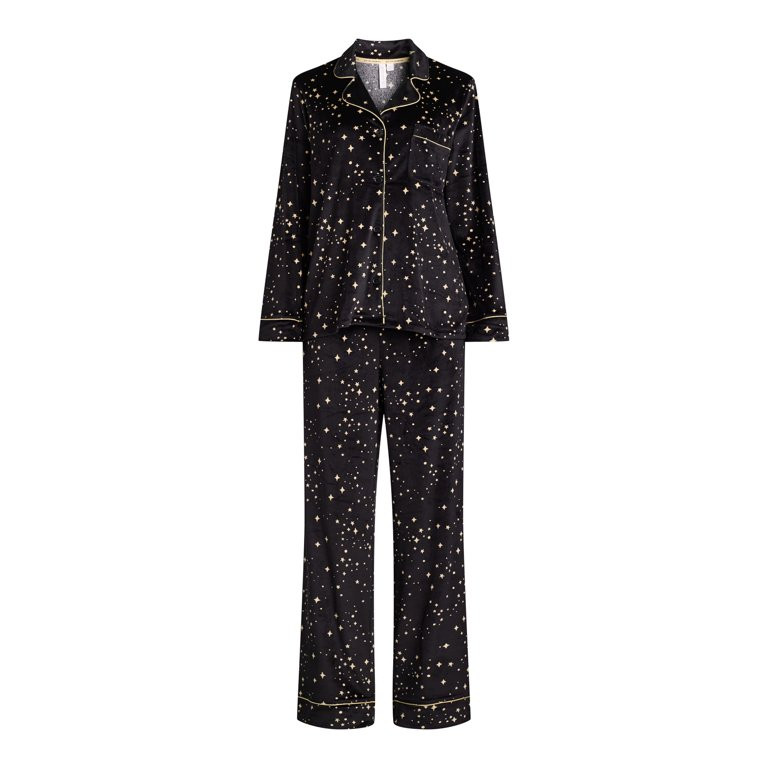 Joyspun Women's Velour Notch Collar Top and Pants Pajama Set, 2-Piece, Sizes S-3X | Walmart (US)