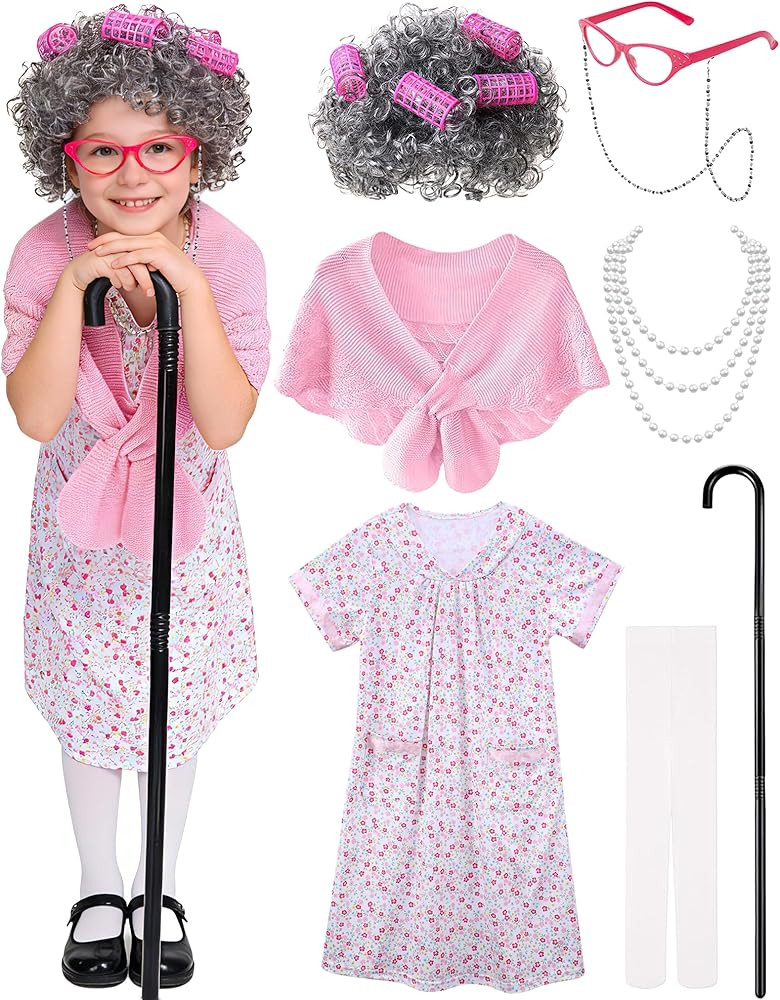 Old Lady Costume for Kids - Grandma Costume for Girls 100 Days of School Funny Granny Dress Up Pa... | Amazon (US)