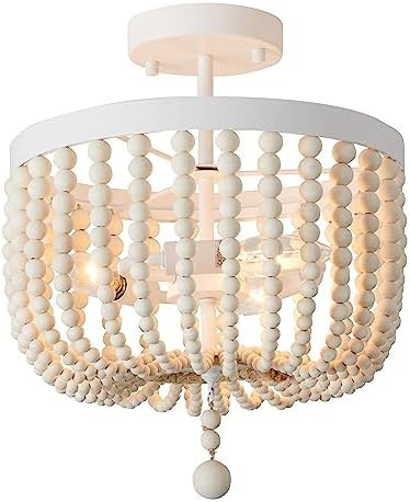 White Boho 3-Light Wood Beaded Semi-Flush Mount Farmhouse Chandelier | Amazon (US)