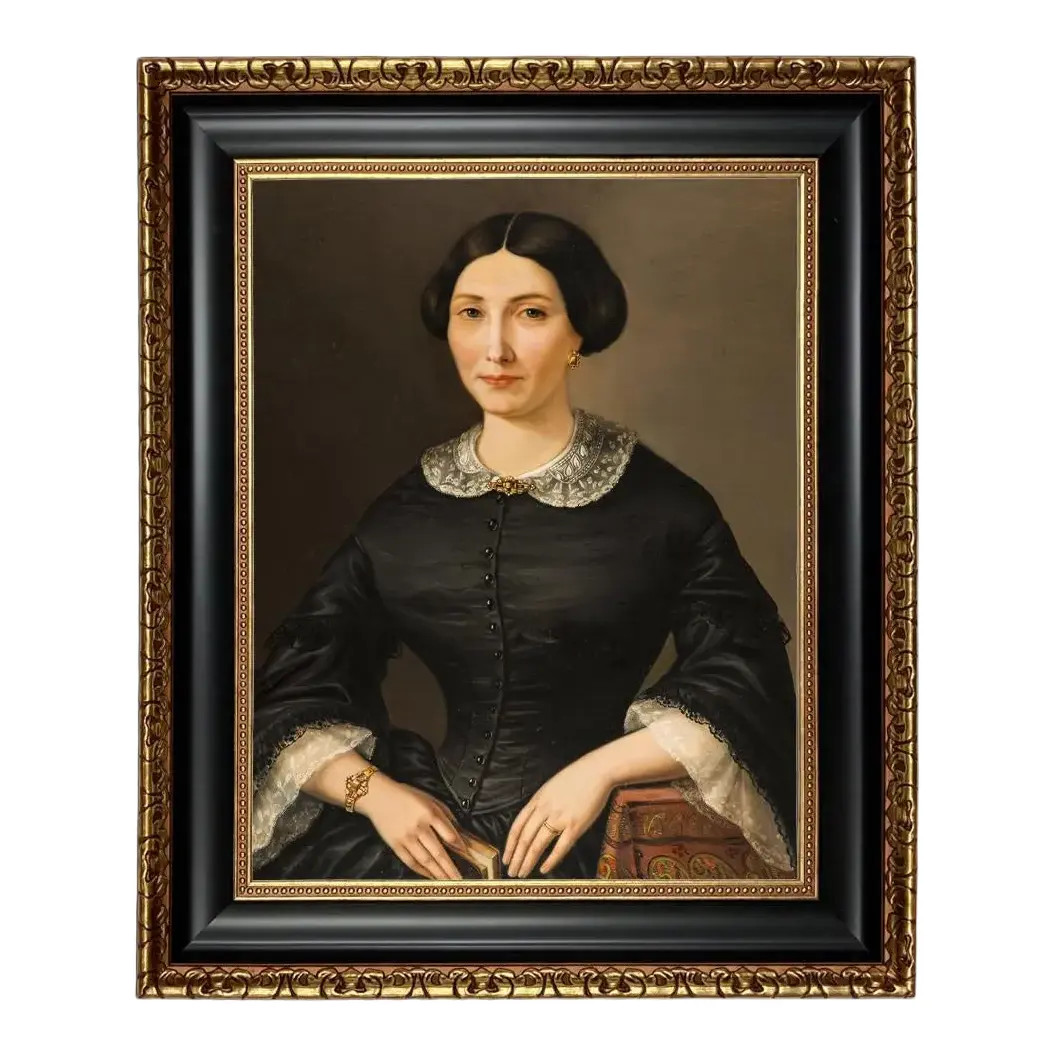 Early Victorian Lady Framed Oil Painting Print on Canvas, Black and Antiqued Gold Frame | Chairish