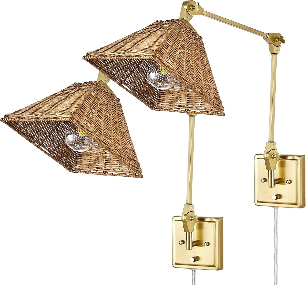 WINGBO Wall Sconce Set of 2 Gold, Rattan Wrapped Wall Lamp Square Lampshade, Adjustable Swing Arm... | Amazon (US)