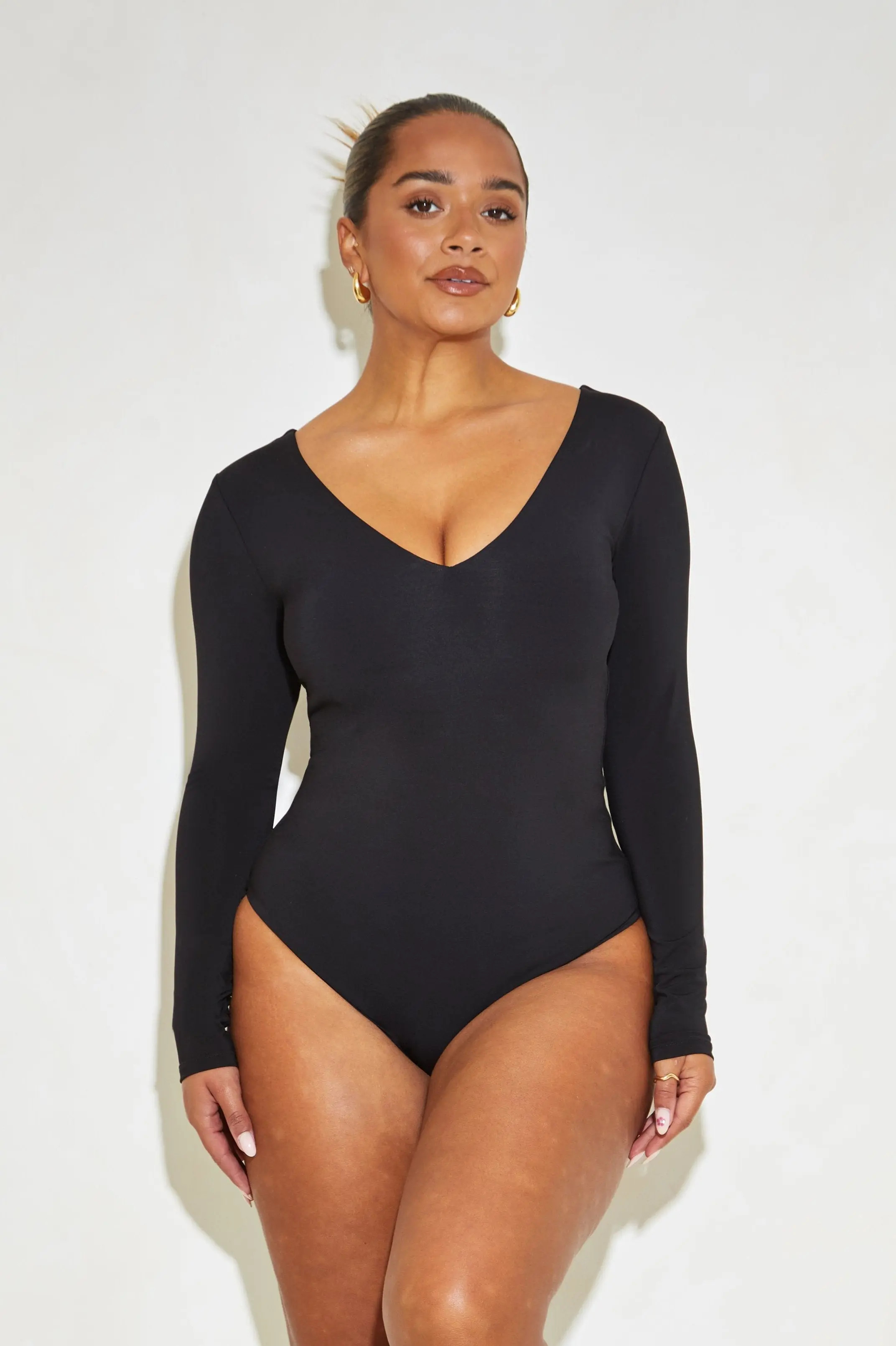 Long Sleeve Plunge Neck 'Grace' Bodysuit - Black - RELR | RELR