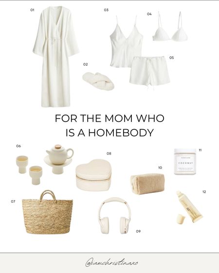 For the mom who is a homebody 🫶
—

Gift guide, gift guide for women, homebody gift guide, Mother’s Day gift guide, gift guide for moms, gifts for moms, Mother’s Day gifts, women gifts, women gift ideas, Mother’s Day gift ideas, homebody gifts, satin robe, satin pajamas, jewelry box, lip gloss, mini tea set, cozy slippers, bralette, Mother’s Day gift picks

#LTKGiftGuide