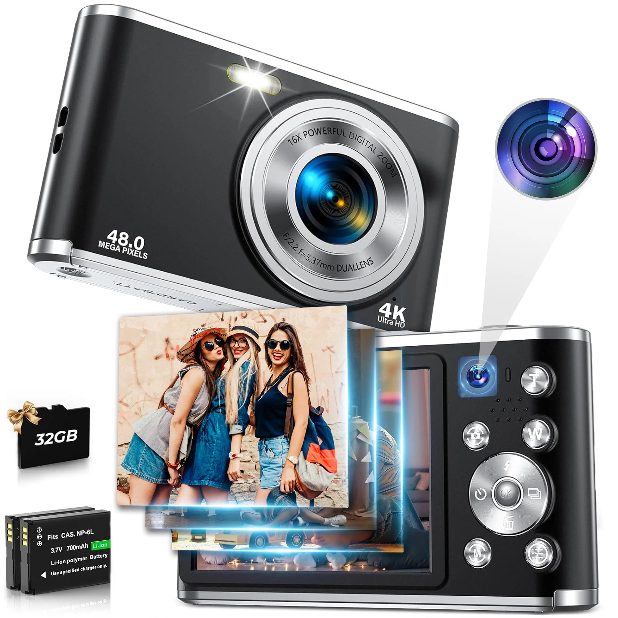 ACTITOP 4K Digital Camera 48MP Autofocus Vlog Video Dual Cameras for YouTube with 32GB Card,Black... | Walmart (US)