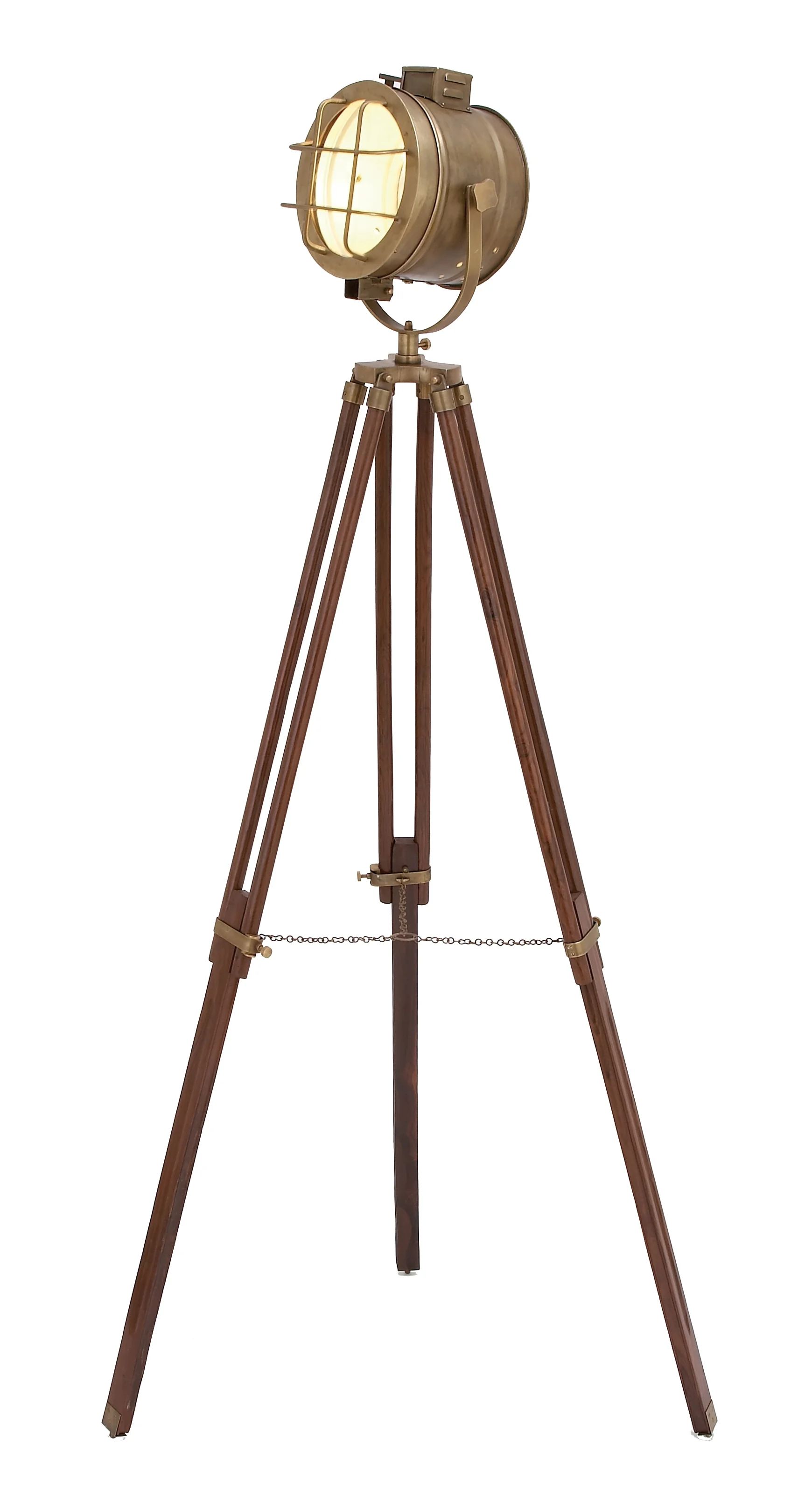 Decmode - 28” x 70” Tall Industrial Brass & Wood Tripod Floor Lamp w/ Spotlight Metal Cage Sh... | Walmart (US)