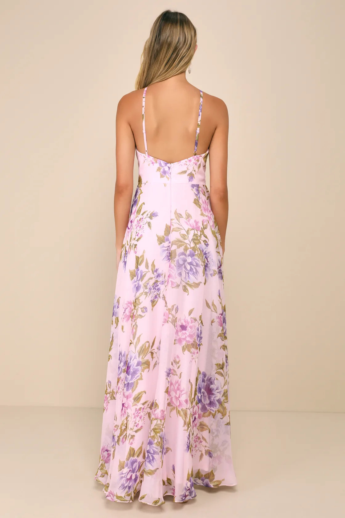 Romantic Marvel Light Pink Floral Print Halter Neck Maxi Dress | Lulus