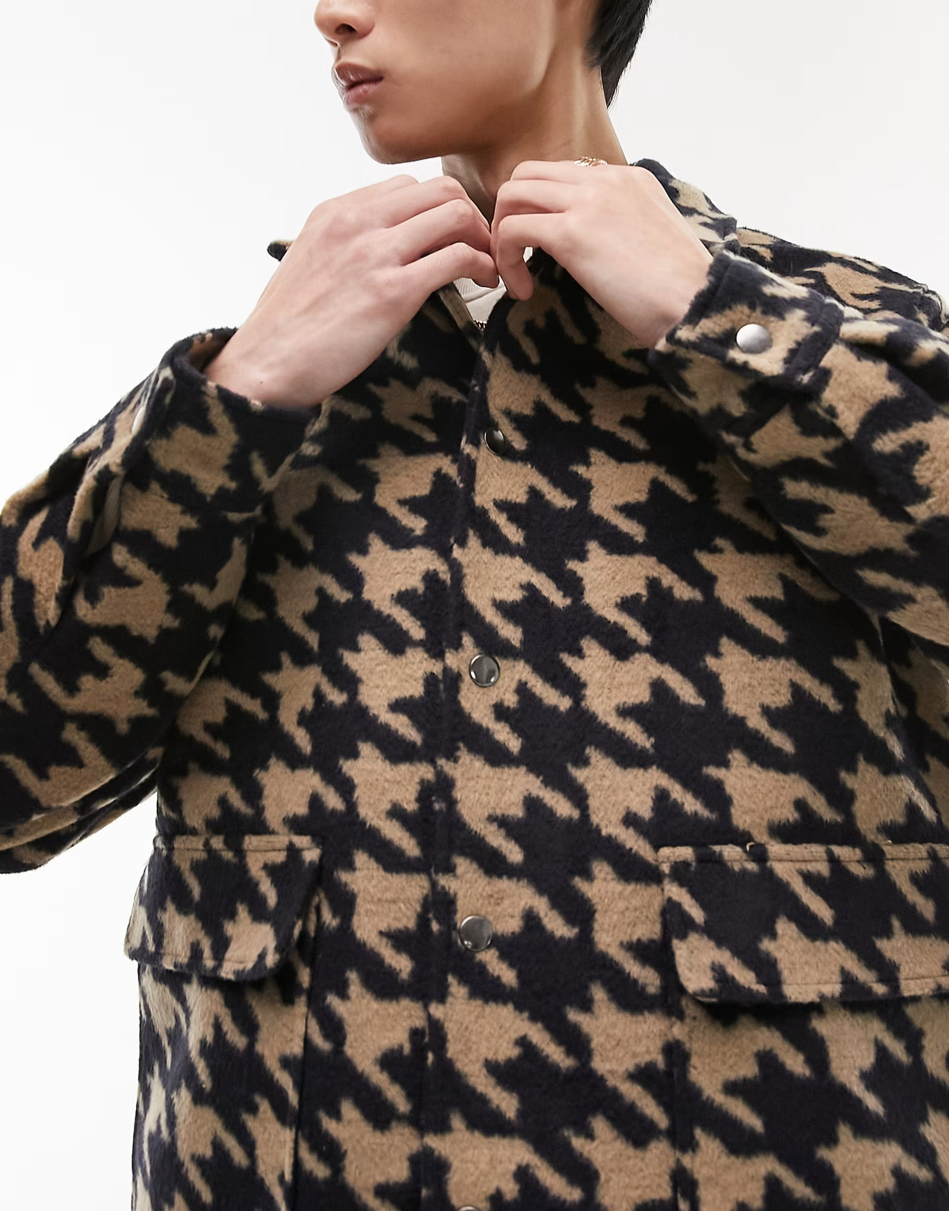 Topman houndstooth shacket in stone and navy | ASOS (Global)