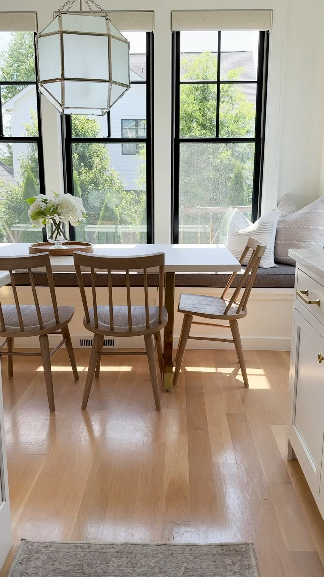 Breakfast nook, dining, nook, banquet, seating, wood dining chairs, wipeable dining chair, modern coastal, farmhouse, wishbone, dining table, traditional home, dining room, design, dining room, furniture, West Elm, pottery barn