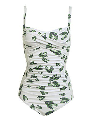 Goldenfox Women's Shirred One Piece Swimsuit Retro Monokinis Tankini Swimwear (Green Leaves, Small) | Amazon (US)