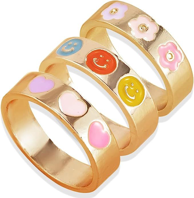 YWDREAM Enamel Rings Pink Smiley Ring Cute Smile Rings for Women Size 7 Ring | Amazon (US)
