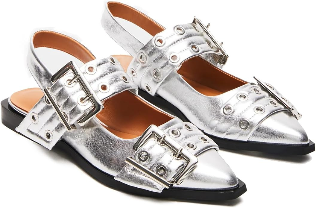 Aimery Women Buckle Ballet Flats Pointed Toe Slingback Wide Flat Casual Comfortable Ballerina Blo... | Amazon (US)