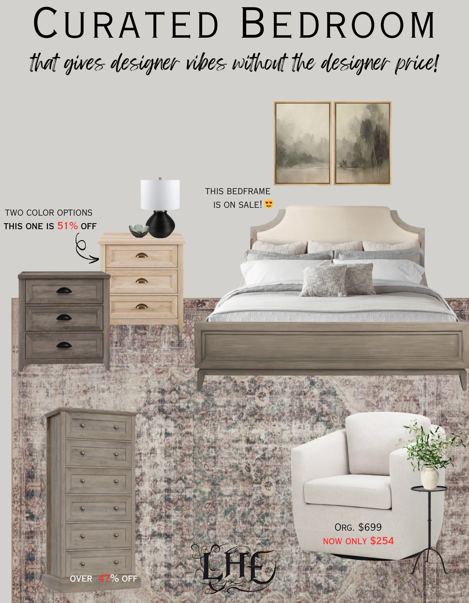 Designer look without Designer prices...yes please! Shop by clicking the thumbnails below 👇... bedroom, bedroom refresh, bedroom furniture, affordable bedroom furniture, modern farmhouse bedroom, farmhouse bedroom, bedroom Mood board, Moody bedroom, affordable nightstands, affordable furniture, wall art, bed frame, platform bed frame, bedframe wood, rug, area rug, bedroom rug, swivel chair, bedroom chair, accent chair, dresser, table lamp, accent table, wall art, bedroom wall art

#LTKHome #LTKSaleAlert #LTKStyleTip